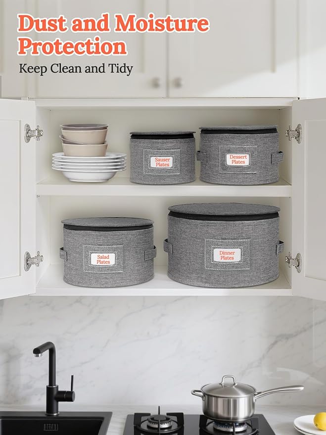 Cirhy Hard Shell Plate Storage Containers 4-Piece Set - Reinforced Hard-Sided Moving Boxes for Dinner Plates, Bowls & Saucers - Stackable Dish Packing Protectors with 48 Felt Dividers