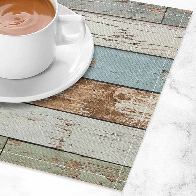 Rustic Plank Placemat Set, Vintage Old Shabby Colorful Beige Green Blue Farmhouse Barn Wooden Board Pattern Home Decor Linen Table Mats for Dining Room Kitchen Party (17x12in) x6P