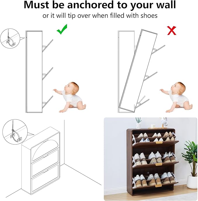 Narrow Hidden Shoe Organizer Cabinet Storage for Entryway, Modern Slim and Skinny Shoe Rack Cabinet with Flip Drawers for Entrance, Hallway - Walnut