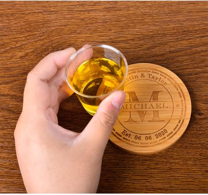 Personalized Coasters, Custom Engraved Coasters, Bamboo Coasters for Drinks, Monogram Coasters with Holder, Great Gifts for Relatives, Friends or Yourself (M, Set of 4)