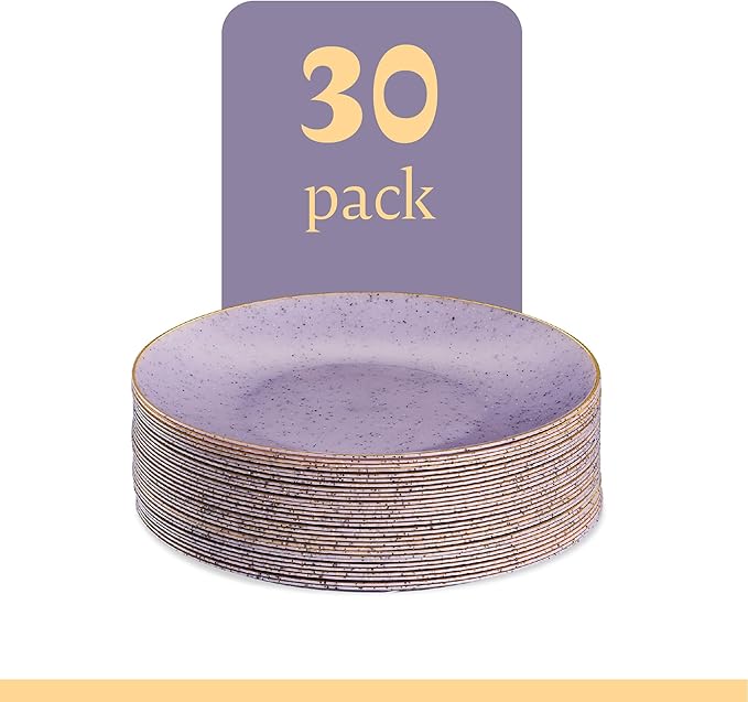PLASTICPRO 30 Pack Disposable Plastic Plates Heavyweight Granite Look Elegant 7 inch Dinner Plates Purple with Gold Rim