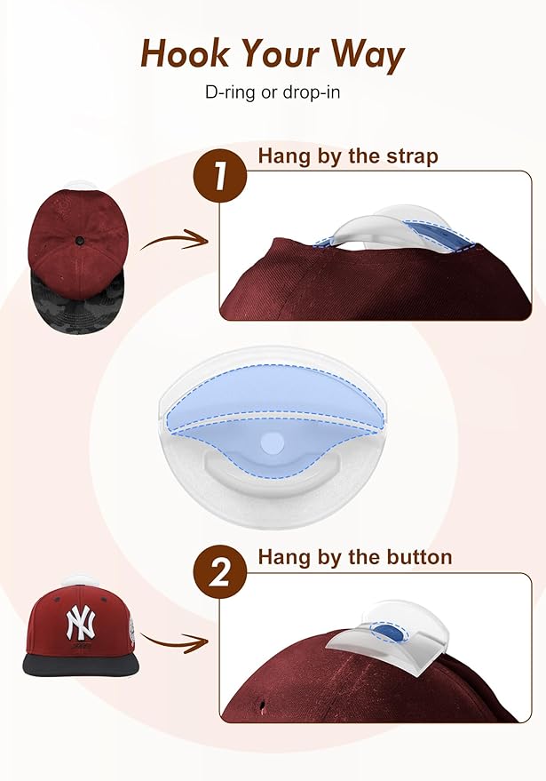 HOUSE DAY Adhesive Hat Hooks for Wall 16 Pack, Strong Hat Rack for Baseball Cap Display Organizer, Hats Hangers Holder for Wall, Door, Closet, No Drilling, Translucent