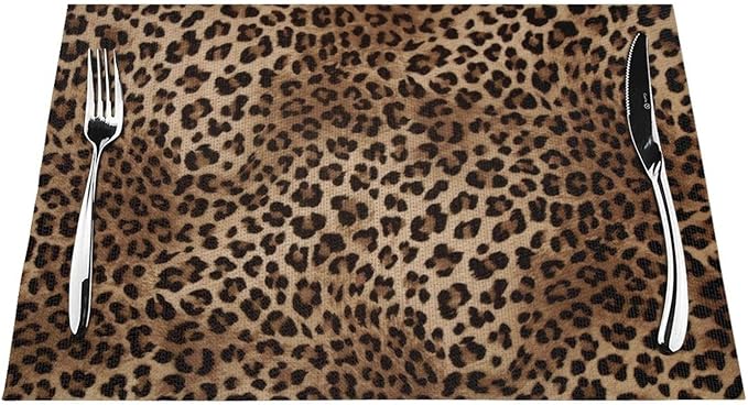 Brown Leopard Placemats Set of 6 Black Cheetah Skin Wild Animal Print Wipeable Table Mats Reusable Washable PVC Rectangle Place Mats for Kitchen Dining Home Decor 12x18 Inches