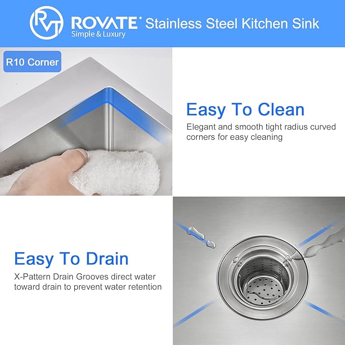 ROVATE 28 ×18 Inch Drop-in Kitchen Sink 304 Stainless Steel Single Bowl, Handmade 18 Gauge 9 Inches Deep Kitchen Sink Topmount with Basket Strainer