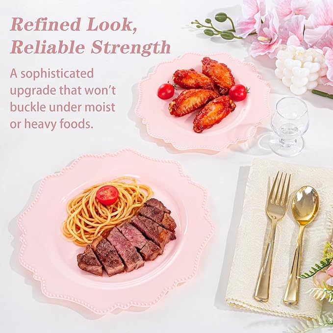 COLOSUS 60pcs Pink Plastic Party Dinner Plates - 9.5 Inch- Heavy Duty Disposable Plastic Dinner Plates for Party Wedding and Everyday Use,Valentine's Day