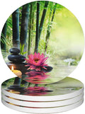 Zen Bamboo Round 4" Cup Coasters Set of 4, Absorbent Ceramic Stone Coasters with Cork Base, Ideal Home Decor Gifts