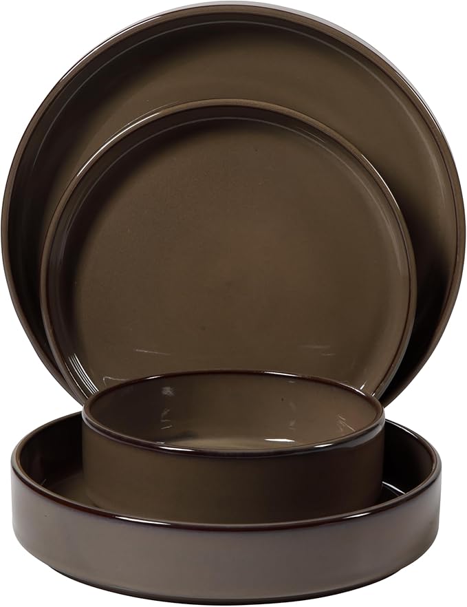 Bloomhouse - Two Time Oprah's Favorite Things WInner - Santorini Mist 16 Piece Double Bowl Terracotta Dishes Reactive Glaze Plates and Bowls Dinnerware Set - Driftwood Brown - Service for 4
