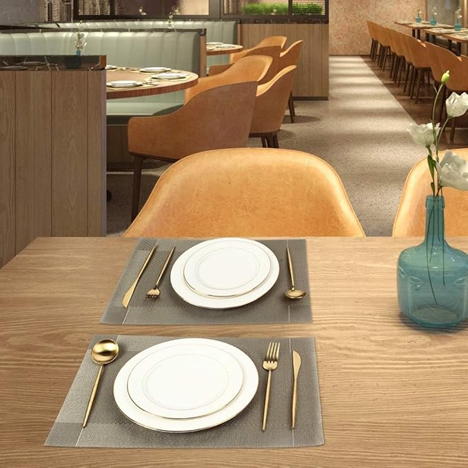 DACHUI Heat-Resistant Placemats Stain Resistant Anti-Skid Washable PVC Table Mats Woven Vinyl Placemats (4pcs, Coffee-Cross)