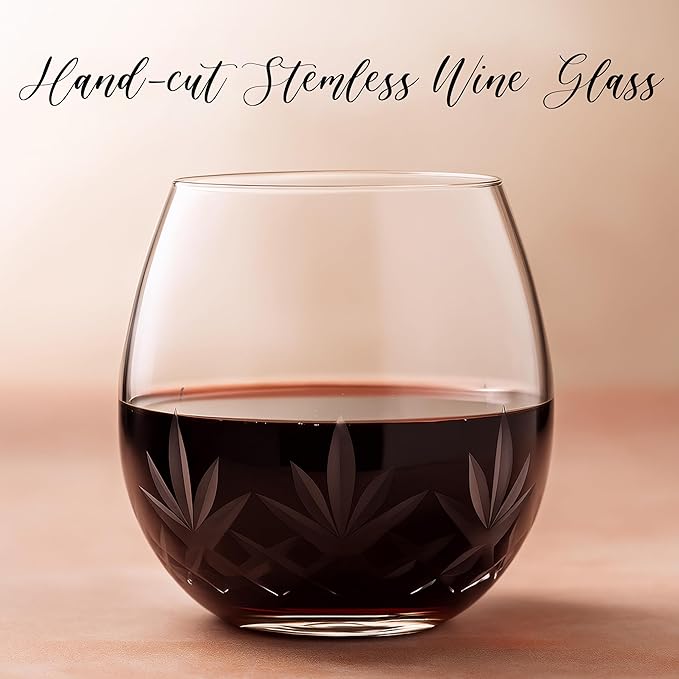 SHOSHIN Hand-Cut Stemless Wine Glasses – Hand Made Lead-Free Crystal Glass (15 Oz, Set of 4) – Ideal Gift