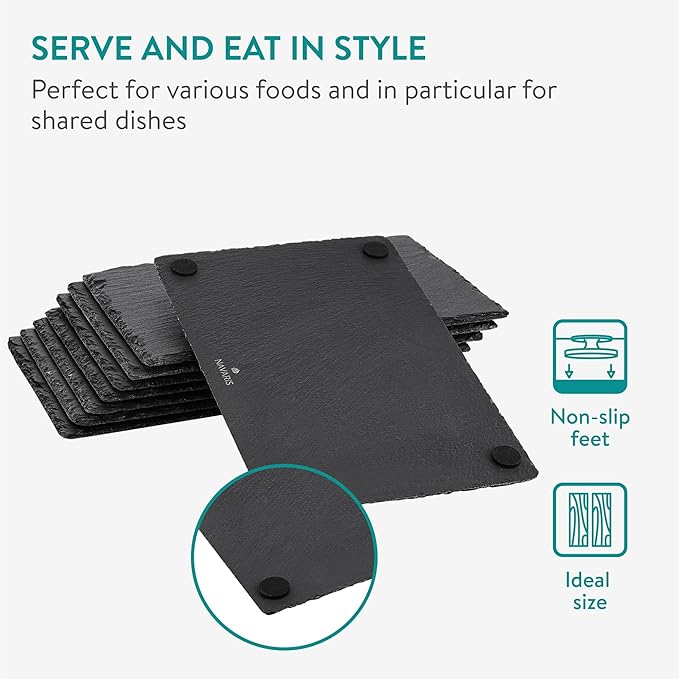 Navaris Slate Plates - Food Contact Safe Black Stone Plates - Cheese Platter Charcuterie Boards Serving Plate - Stone Slate Slab Cheese Board - Set of 8-11.8" x 7.9" (30 x 20cm)