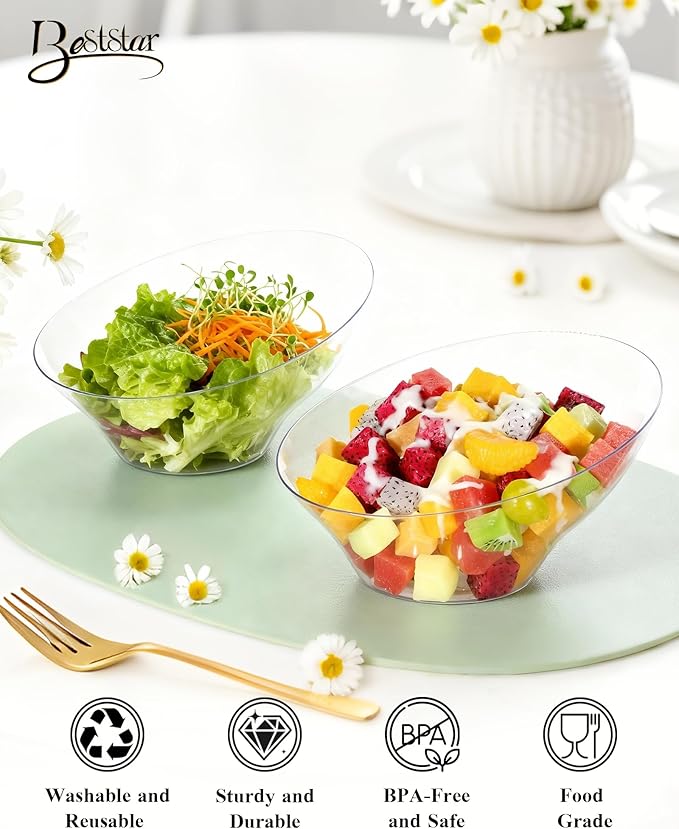 BESTSTAR 20OZ Plastic Clear Serving Bowls 8 Pack Angled Disposable Party Bowls for Chips, Salad, Fruit & Candy – Heavy Duty Clear Serving Bowls for Parties, Buffet, Catering, Wedding, Daily Use