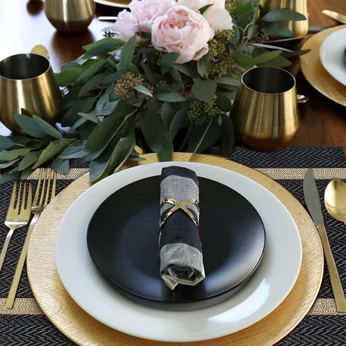 FAVE Placemats Set of 12 Black Placemats Woven with Golden Thread Vinyl Placemat for Wedding, Banquet, Birthday, Party, Restaurant Decorations(Black, 12"x18"-12PCS)
