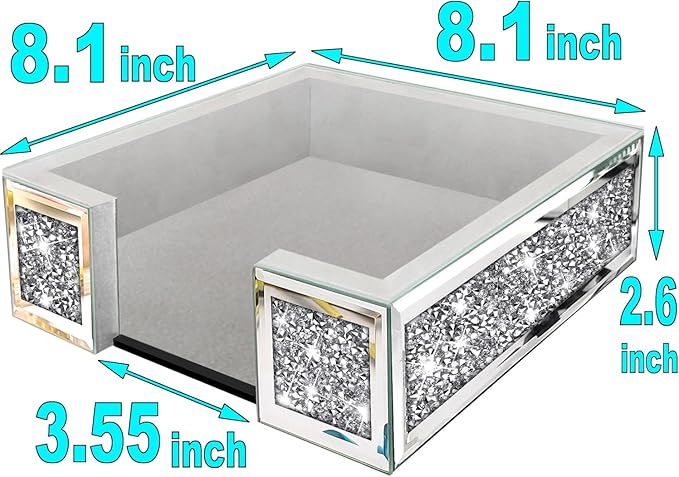 Wocred Flat Mirror Napkin Holder for Bathroom Vanity,Crystal Crushed Diamond Guest Towel Holder,Cute Napkin Tray for Kitchen,Dining table,Guest Bathroom.(8.1”X8.1”X2.6”)