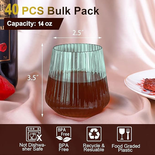 40 Pack Plastic Ribbed Wine Glasses, 14Oz Origami Disposable Wine Glasses Unbreakable Clear Plastic Cocktail Glasses Recyclable Shatterproof Reusable Wine Cups (14oz-green-40pack)