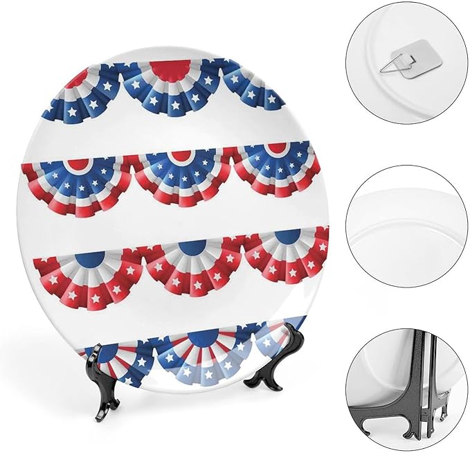Decorative Plates, American Flag Decor Print Ornament, Flag Round Bunting Election Ornament Pattern, 10 Inch, 1 Plate with 1 Display Stand, Blue Red