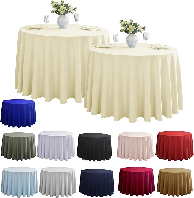 2-Pack Round 90-inch Beige Table Cloths, Solid Stain and Wrinkle Resistant Circular Tablecloth, Premium Plain Weave Polyester Fabric Table Linen Covers for Hotel, Banquet