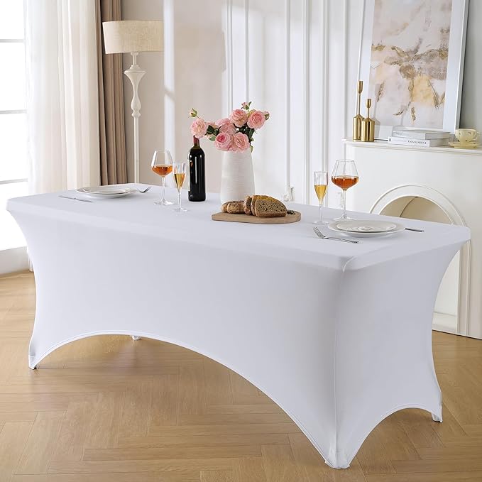 VidaFete Spandex Tablecloth 2 Pack 8FT, Fitted Stretch Table Cover for Rectangle Tables, Wrinkle Resistant and Washable Tablecloths for Outdoor, Picnic, Party, Wedding, Banquet, Birthday, White