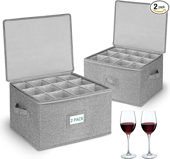 Cirhy Wine Glass Storage Box Hard Shell, 10'' Tall Stemware Storage Containers for Moving, Holds 24 Crystal Glasses & Flutes, Stackable Glassware Chest with Dividers, Grey (2-Pack)