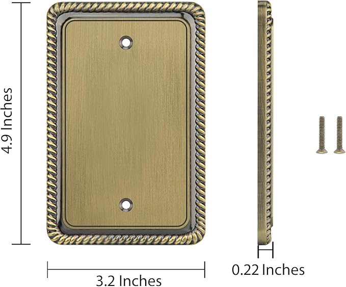 Henne Bery Rope Edge Decorative Wall Plate Switch Plate Outlet Cover (Single Blank, 2 Pack, Antique Brass)