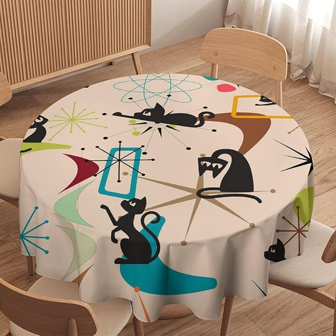 Mid Century Black Cat Round Tablecloth, Bohemian Modern Colorful Abstract Geometric Retro Art Bohemian Tablecloth for Home Party Dining Room Kitchen Decor 70Inch(178cm)