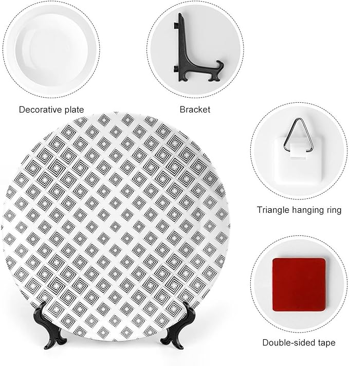 Ceramic Display Plate, Abstract Ceramic Hanging Decorative Plate, Minimalist Geometric Diamond Shaped Square Lines, 8 Inch, Household Custom Ceramic Plate, Black White