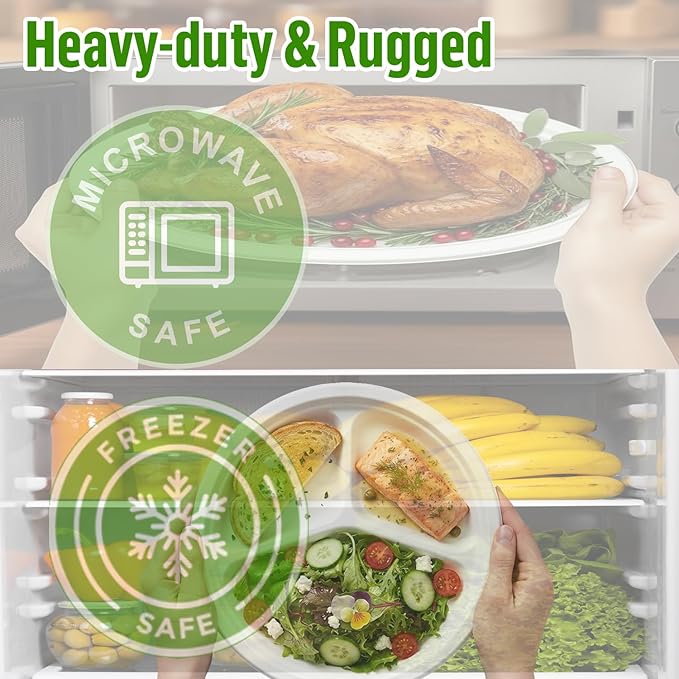 3 Compartment Compostable Heavy Duty Disposable Paper Plates, 150 Count | 10 Inch Round | Natural Bagasse, White Biodegradable Eco-Friendly School Lunch, Buffet, Party Sugarcane Tray