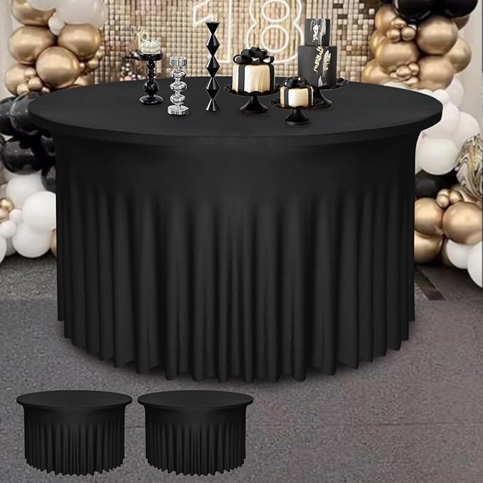2 Pack 48" Diameter x 30" Height Black Table Skirt | Fits 4FT Round Tables |Polyester Spandex Round Table Cloths with Skirt|Stain 、Wrinkle Resistant、 for Wedding,Party,Dining,Banquet