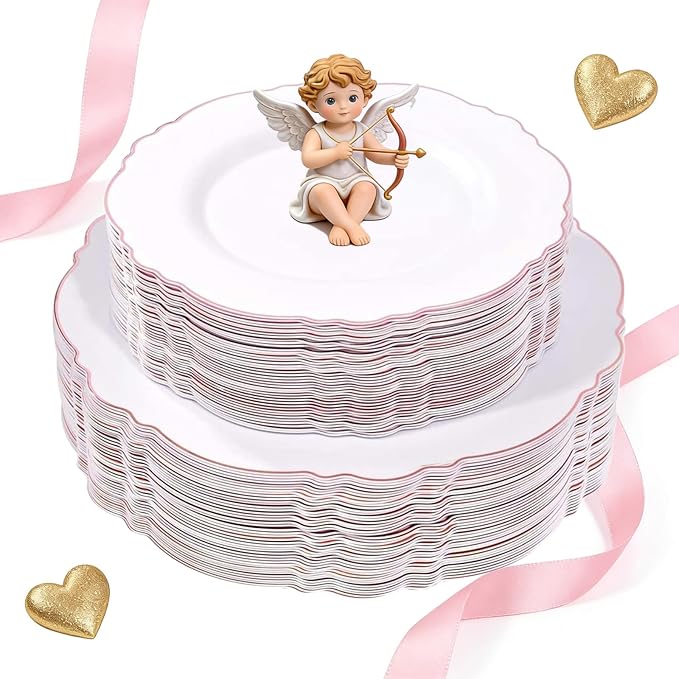 WDF 100pcs Rose Gold Plastic Plates-Baroque White &Rose Gold Disposable Plates including 50Plastic Dinner Plates 10.25inch,50Salad Plates 7.5inch for Wedding & Parties