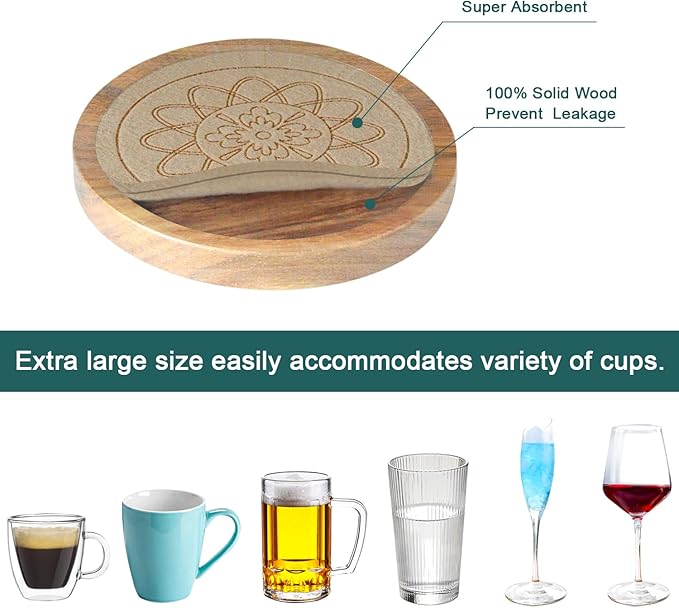 Wood Coasters for Drinks Housewarming Gifts for Home Decoration Absorbent Coasters with Holder for Coffee Tabletop Protection 4.3 Inch Beige