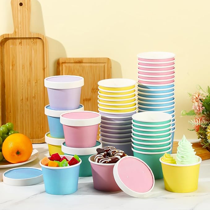 Fulmoon 100 Pack Paper Soup Containers with Lids Disposable Paper Food Containers with Vented Lid Kraft Ice Cream Cake Dessert Cups Soup Bowl for Party Hot Food Fruit Microwave(8 oz,Multi Colors)