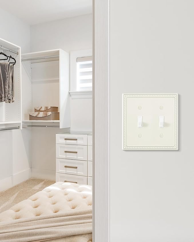 2-Pack Double Toggle Light Switch Cover Plate, Pearls Decorative Dual Switch Plate Covers, Light Almond 2 Gang Metal Wall Plate, Corrosion Resistant