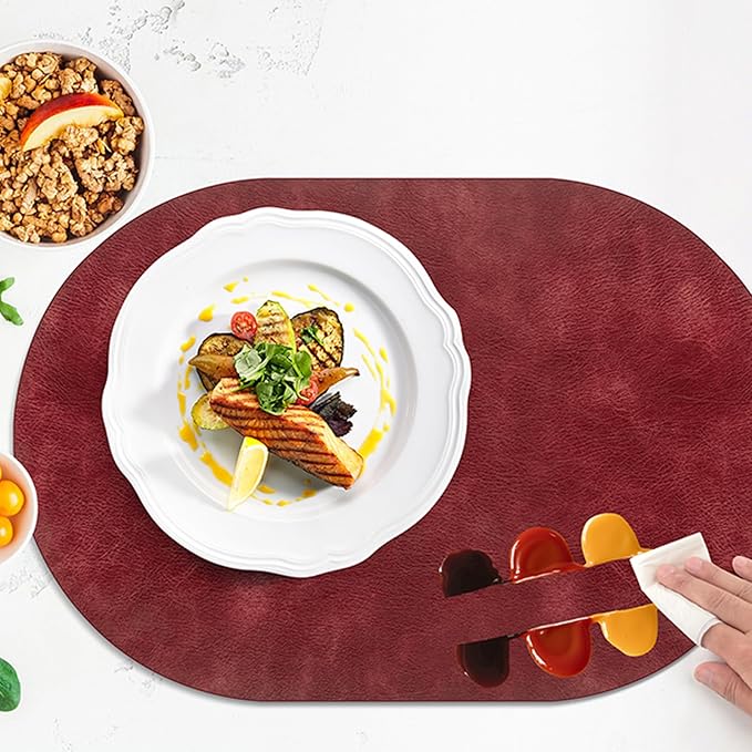 ADRIMER Placemats, Heat Resistant Oval Placemats Set of 4 Washable 12 x 17 Inch, Waterproof Table Mats, Wipeable Pu Place Mats for Kitchen, Dining Room, Wine Red