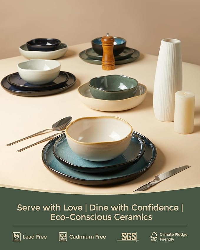 Plates and Bowls Sets for Family of 6, Ceramic Dinnerware Sets, Kitchen Dish Set, Microwave & Dishwasher Safe Dishware, Highly Durable Reactive Glazed Dinner Set, Forest Green