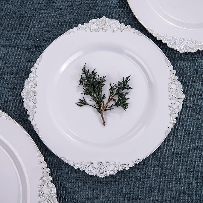 Hioasis 100pcs White Silver Plastic Plates for Party - 7.5" Dessert Plates Disposable, Heavy -duty, Classy and Elegant for Wedding