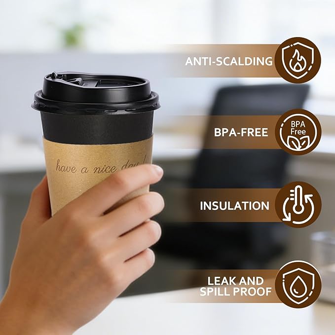 500 pack 12 oz Disposable Coffee Cups with Lids,To Go Coffee Cups for Home, Office, Cafes and Party (Black 16oz)