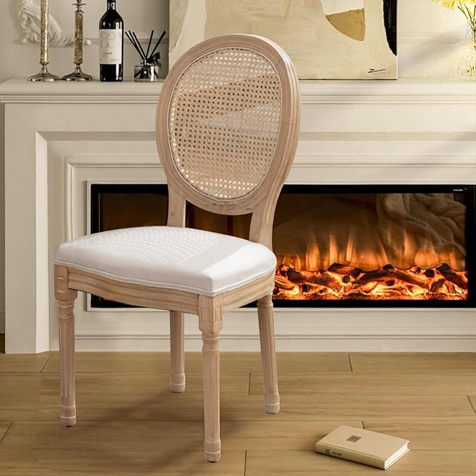 SoarFlash French Dining Chairs Set of 4, Vantage Dining Chair with Round Back, Farmhouse Country Rattan Dining Chair for Kitchen,Bedroom,Beige