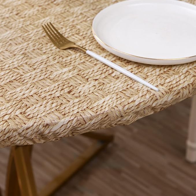 Walrus Round Vinyl Fitted Tablecloth with Flannel Backing Elastic Edge Design Table Cover Waterproof Oil-Proof PVC Table Cloth Stain-Resistant Best for 57"-66" Round