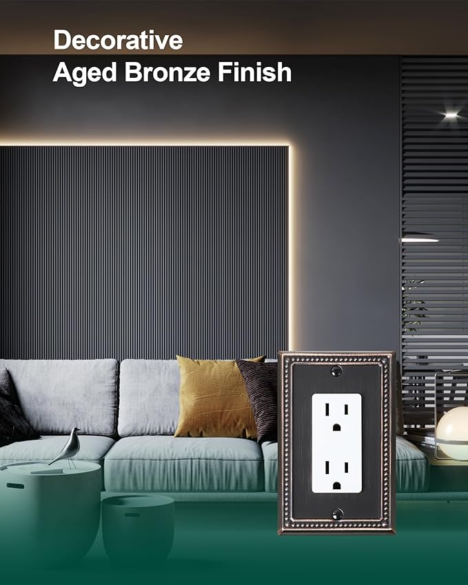 6-Pack Decorator Outlet Cover Plate, Decorative Switch Plates and Outlet Covers, Aged Bronze Metal Wall Plates for Electrical Outlets, Receptacle, GFCI Outlet, Dimmer Switch
