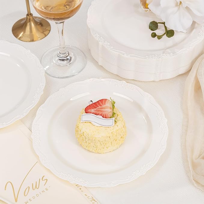 DaYammi 60PCS Ivory Plastic Plates, Party Plates Disposable Heavy Duty Disposable Plates Premium 7.5inch Ivory Dessert Cake Salad Appetizer Plate Hard Plastic Platos Disposable for Party Wedding