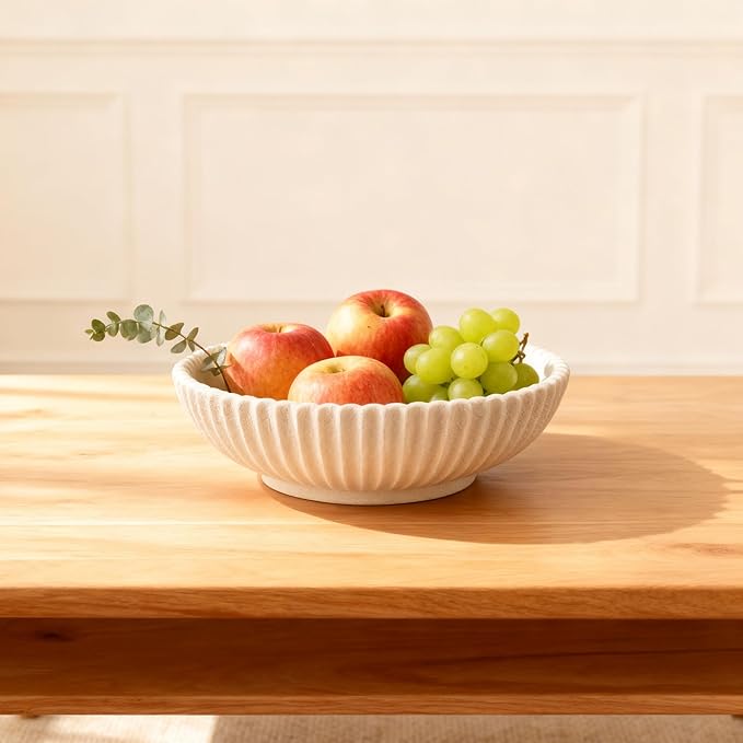 DOVDOV Beige ruffled-edge decorative bowl, large modern fruit bowl, home decor bowl for kitchen counter, coffee table, or entryway table, minimalist key holder and centerpiece fruit bowl.