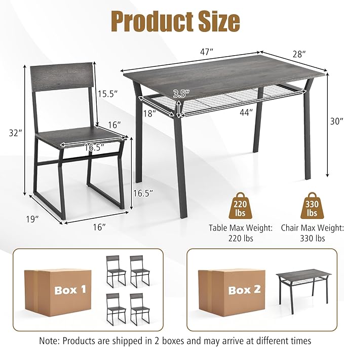 Giantex Dining Table Set for 4, 47”L x 28”W Rectangular Kitchen Table w/ 4 Trapezoid Chairs, Reinforced Metal Frame & Storage Rack, Industrial Space-Saving Dinette Set for Kitchen Dining Room (Grey)