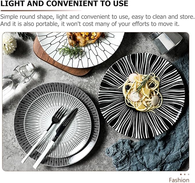 PRETYZOOM Nordic Style 10-inch Ceramic Dinner Plate with Black Striped Pattern, Western Pasta and Dessert Plate for Restaurant and Home Serving