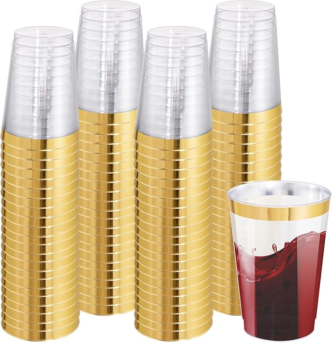 I00000 100 Pack 12 oz Gold Plastic Cups, Gold Rimmed Disposable Cups, Disposable Wine Glasses Cocktail Glasses Premium Cup with Golden Rim, 12 Ounce Plastic Tumblers for Party & Wedding
