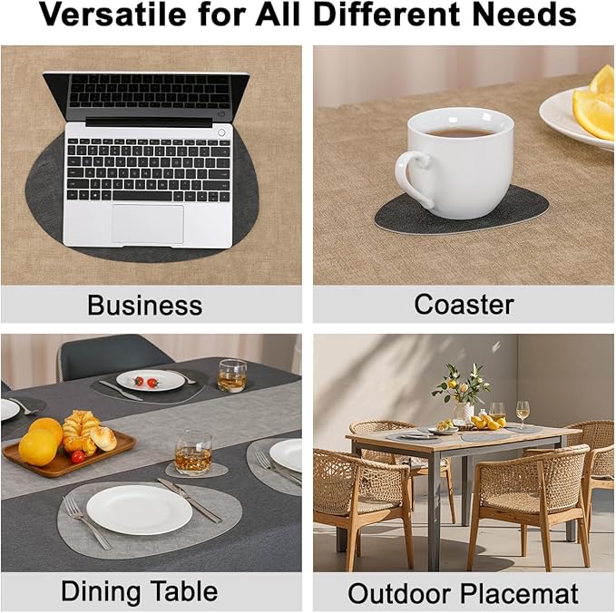 Placemats and Coasters, Washable Placemats Round Faux Leather Wipeable Place Mats Non Slip Heat Resistant Indoor Outdoor Table Mats (Set of 6, Light Gray Gray)