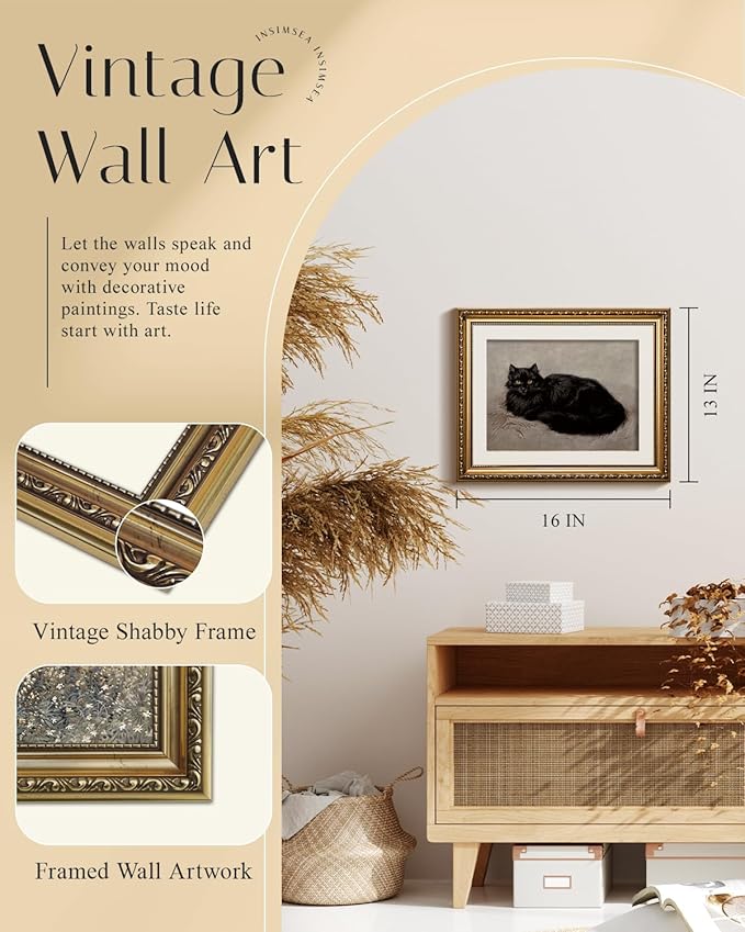 InSimSea Gold Picture Framed Wall Art, Living Room Vintage Black Cat Bathroom Wall Decor, Animal Canvas Print Art, Classical Home Farmhouse Decor, Antique Paintings with Frame 13x16inch