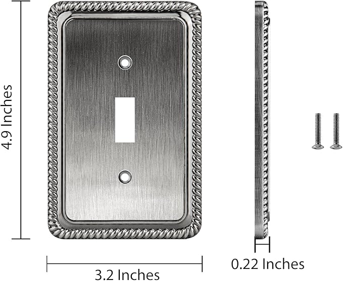 Henne Bery Rope Edge Decorative Wall Plate Switch Plate Outlet Cover, Aged Bronze (Single Toggle, 2 Pack, Heirloom Silver)