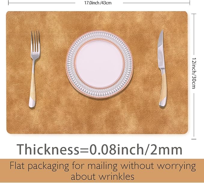 Faux Leather Placemats with Rounded Corners Set of 6,Washable&Wipeable Place Mats,Waterproof&Heat-Resistant Table Mats, Good for Kitchen and Kids-Khaki