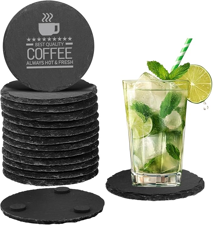 12 PCS Black Natural Slate Coasters Bulk Set 4 Inch Laser Engraving Blanks with Anti Scratch Bottoms for Home, Office, Bar, Gifts Round Coasters