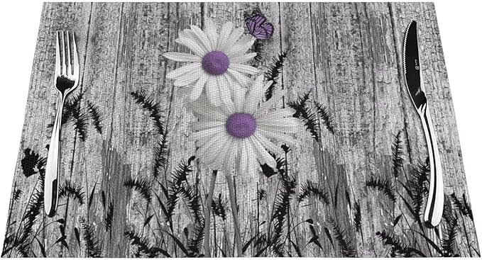 Placemats Set of 4 Rustic Floral Place Mats Farmhouse Daisy Woven Table Mats Washable Purple White Flower PVC Placemat for Dining Kitchen Decor Indoor Outdoor, 12 x 18 Inch