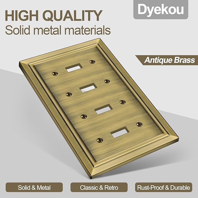 Metal Wall Plate for Electrical Outlets, Decorative Antique Brass Switch Plates Outlet Cover, Light Switch Cover Plate, 4-Gang Wall Plates (Quad Toggle, 1 Pack)